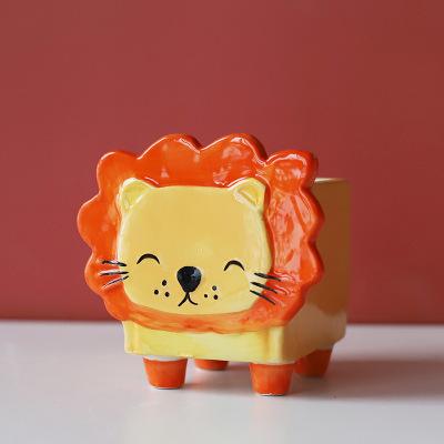 China Cute Cartoon Little Lion Flower Pot Animal Ceramic Shiba Inu Pink Husky Cat For Desktop for sale