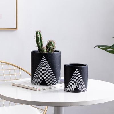 China Modern Nordic Black Striped Indoor Cement Flower Pot Succulents Containers With Drain Hole For Home Decorate for sale