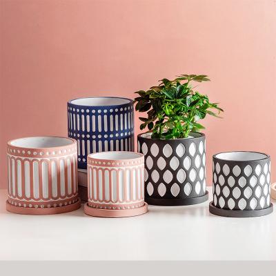 China Modern Cylindrical Flower Pot Nordic Style Indoor Concrete Cement Planters With Tray Succulent Flower Pot for sale