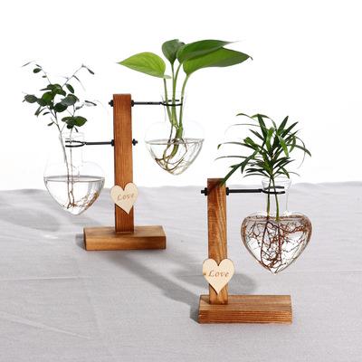 China Modern Creative Hydroponic Transparent Glass Vases Wood Plants Love Flower Arranging Living Room Supply Items for sale