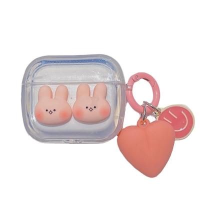 China Cute 3D Cartoon Shockproof Pink Blush Rabbits Soft Full TPU Shockproof Earphone Case For AirPods 1 2 3 Pro With Love Chain for sale