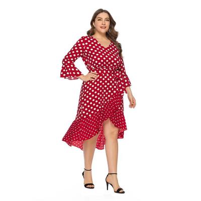 China Fashionable Ladies V-Neckline Sash Ruffle Sleeve And Ruffle Simple Giant Swing Dot Plus Size Women Summer Dresses for sale