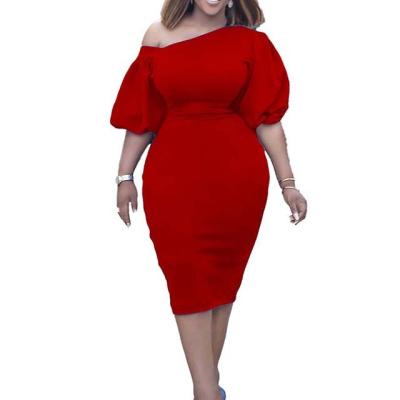 China Fashion Dry Cleaning OL Bodycon Mini Dress Sloping Shoulder Solid Color Puff Sleeve Style Women Summer Oversized Casual Dresses for sale