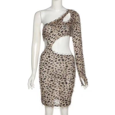 China Fashion anti-static ladies print leopard print one shoulder dress sexy backless club dress ladies dress for sale