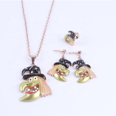 China New Design Cute Halloween Holiday Necklace Jewelry Set Gold Metal Witch Necklace Earring For Girls for sale