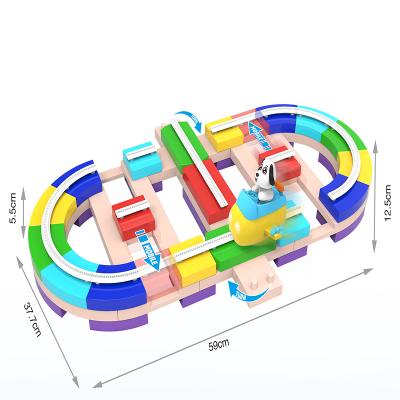 China ABS 82 PCS Stadium Track Adventure Electric Racing Rail Car Steering Wheel Baby Educational Fire Truck Urban Toy for sale