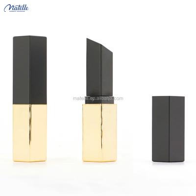 China Cosmetic Lipstick Tube 12.1mm Gold Spray Paint Black Matte Lid Metallic Luminous Unique Square Tube for sale