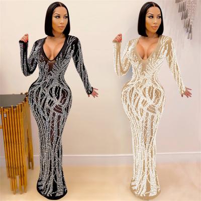 China Sustainable 2023 Women Evening Dress  Fashion new plus size hot diamond sexy sling wrapped chest mesh perspective long evening dress for sale