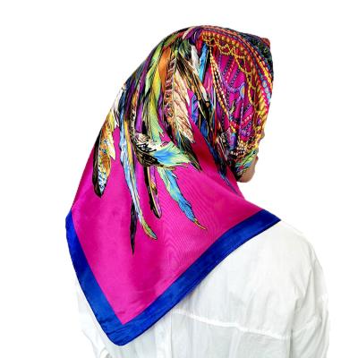 China Skin Friendly Fashion Lady Feather Print Silk Polyester Shawl Mix Color Women Hijab Headscarf in 90*90cm Square Scarf Neck Scarf in stock for sale