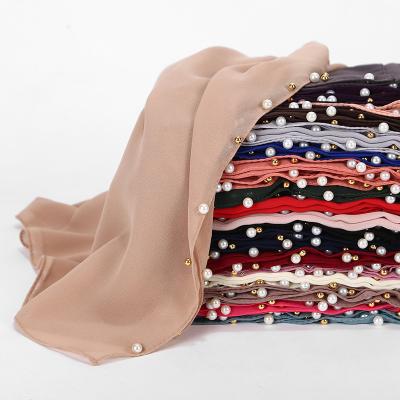 China 72*175cm Soft Elegant Luxury Pearl Chiffon Scarf With Pure Malaysia Qatar Hijab Shawl Pearls Color Arab Hijab Scarf Shawl for sale