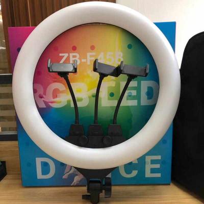 China ABS+PC Wholesale 18inch F458 RGB Photography Lighting 3 Phone Holder Make Up Live Streaming Video Studio Led Ring Light for sale