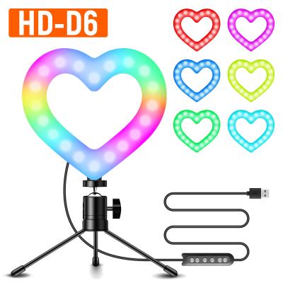 China ABS Factory 6 Inch RGB LED Colorful Fill Light Photography Ring Light with Tripod Stand Heart-Shaped Table Ring Light for sale