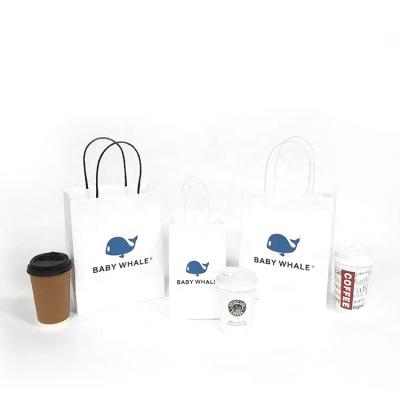 China Hot Sale White Kraft Paper Bags Custom Recyclable Your Own Logo Coffee Takeaway Paper Bag With Twist Handles for sale