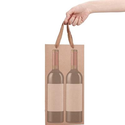 China Recyclable Wholesale Custom Print Logo Eco Friendly Kraft Gift Bags Black 2 Bottle Wine Paper Bag With Cotton Rope Handles for sale