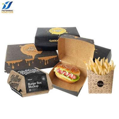 China Custom Black Hamburger Packing Paper Fry Paper Chicken Recyclable Hamburger Packing Box Wholesale Hard Cardboard Custom Takeout Box For Fast Food for sale