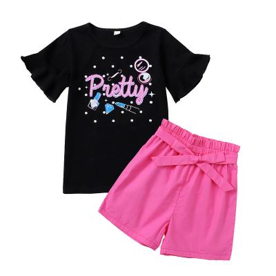 China Breathable Toddler Girls Clothes Summer Shorts Outfit Sets Short Sleeve Letter Prints 2PCS Tops Elastic Shorts Set Black for sale