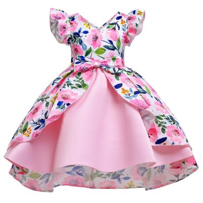 China Girls Wedding Dress Casual Dress Fly Ruffled Sleeve V Neck Floral Prints Tulle Layer Dress Pink for sale