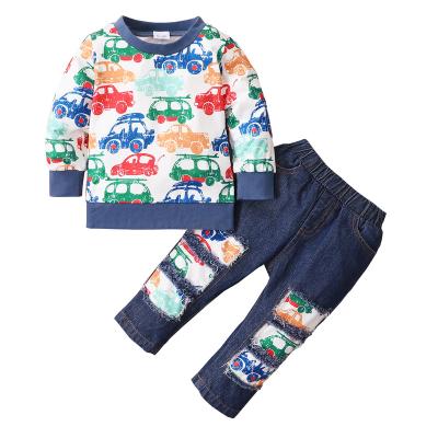 China Long Sleeve Catpapa 18 Months Infant Boy Fall-Winter Fits Pants Sets 24 Months Long Car Sleeve Cardboard Prints Tops Elastic Ripped Pants for sale