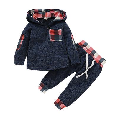 China Baby Boy Long Sleeve Catpapa 0 Month Winter Outfits Pants Sets 3 Month Long Sleeve Contrast Plaid Prints Hooded Sweatshirt Tops for sale