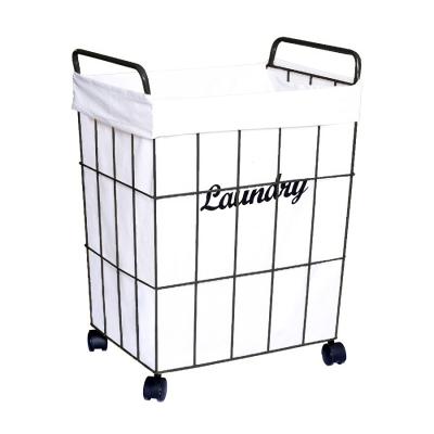 China Modern Metal Wire Square Laundry Hamper Organizer With Wheels for sale