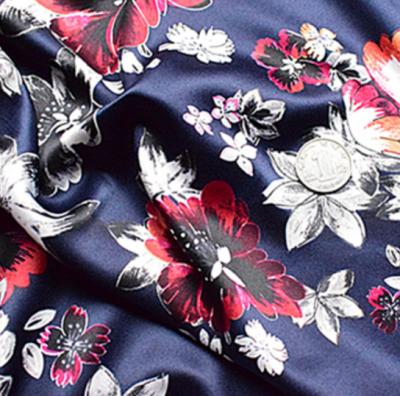 China Waterproof Custom Design Digital Printed Polyester Recycle Satin Fabric For Lady Dress for sale