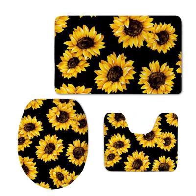 China Sustainable Wholesale 3 Piece Covers Set Sunflowers Printed Anti Slip Bathroom Mats Contour Toilet Cover Rug for sale