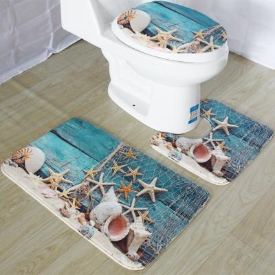 China Stocked Toilet Ocean World Border Print Three Piece Bathroom Set Mat for sale