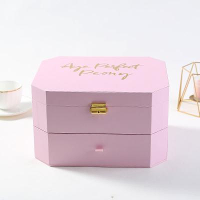 China Handmade Luxury Double Layer Pink Drawer Cosmetic Rigid Printing Paper Packaging Box With Mental Lock For Cosmetic for sale