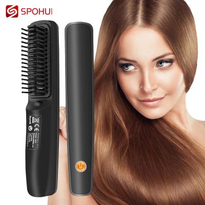 China USB Ion Hair Straightener Brush Electric Beard Straightener Cordless Rechargeable Negative Comb For Salon Home Barber Shop for sale