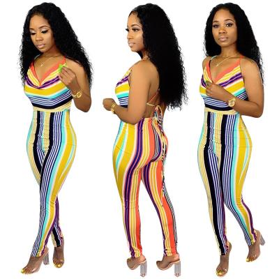 China QUICK DRY Backless Body Suits Striped Women Casual Pants Off The Shoulder Sexy Women Strappy Skinny Overalls for sale