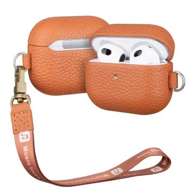 China Lightweight Cases For Airpods Pro Leather Cover For Airpod Pro With Strap And D Button Pebble Leather for sale