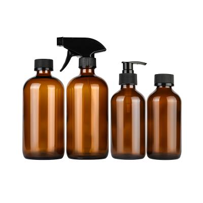 China Multifunctional Wholesale Pump Sprayer Atomizer 250ml 500ml 8oz 16oz Boston Glass Refillable Amber Bottle With Trigger for sale