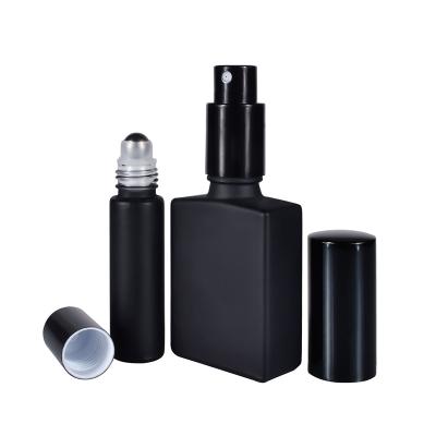 China 30 50 100ml Multifunctional Cosmetic Round Square Matte Rectangle Perfume Spray Black Glass Bottle With Aluminum Spray Pump Cap for sale