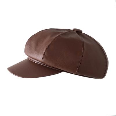 China Peaked Beret By PU Hat Autumn British Tide Autumn And Ethnic Winter Fashion All-match Octagonal Female Leather Hat for sale