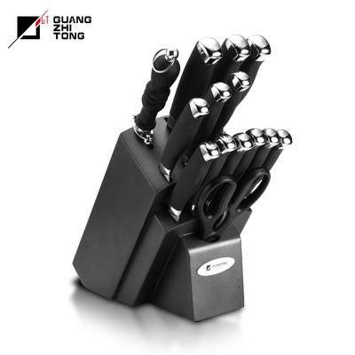 China Hot Sale Disposable Soft Touch PP+TPR 15 Pcs Rubber Kitchen Knife Block Set With Black Color Wooden Knife Block for sale