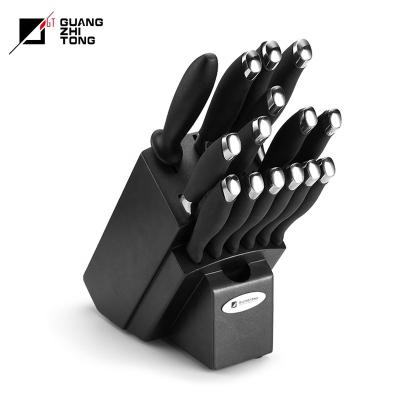 China High Quality Disposable PP+TPR Soft Rubber Handle With Double Bolster Handle 17 Pcs Kitchen Knife Set With Black Color Wooden Knife Block for sale