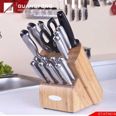 China 16 Pcs Stainless Steel Sandwich Handle Disposable Hollow Knife Set With Knife Rubber Wood Block for sale