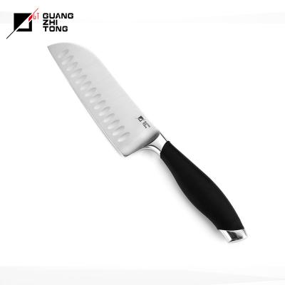 China Disposable professional soft touch PP+TPR rubber handle with double bolster handle 5 inch japanese santoku knife for sale