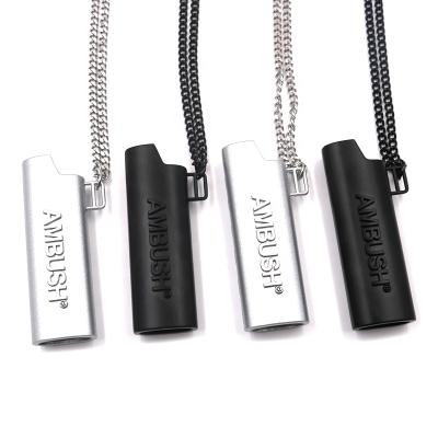 China Promotional Gifts High Quality Custom Embossed Matte Black Silver Logo Lighter Case Necklace With Pendant for sale