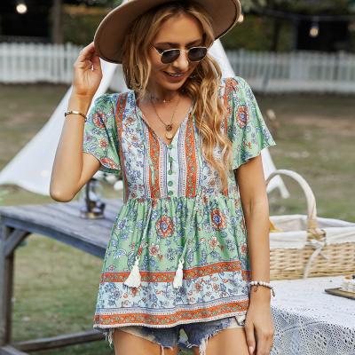 China 2022 Summer Short Sleeve Ladies Hot Round Neck Shirt Fashion Bohemian Viable Casual Women's Blouse for sale