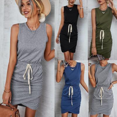 China 2022 New Viable Midi Cotton Bodycon Ladies Casual Dresses Round Neck Slim Fit Knitted Women's Sleeveless Dress for sale