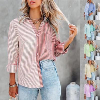 China 2021 viable new Autumn Long Sleeve Ladies Shirt striped turn-down collar fashion loose women's casual blouse for sale