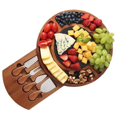 China Sustainable round acacia wood cheese board set with drawer set cutting board and cutlery board tray for sale