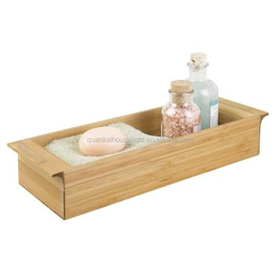 China Sustainable bamboo bathroom tank top store for towels, shampoo and lotion bottles, cosmetics, and soap for sale