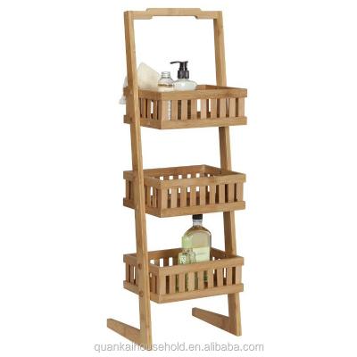 China 3 Tiers Bathroom Shower Storage Caddy Sustainable Bamboo Bathroom Cart Stationary Cart Towel Storage for sale