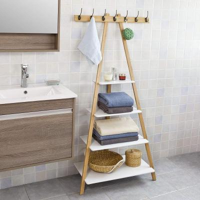 China Sustainable Bathroom Room Storage Shelf With 7 Hooks Ladder Shelf Coat Rack Towel Storage Display For Bathroom for sale