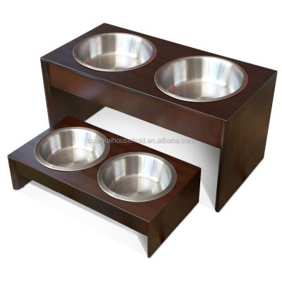 China Sustainable Solid Bamboo Wooden Pet Feeder Double Bowl Raised Rack for sale