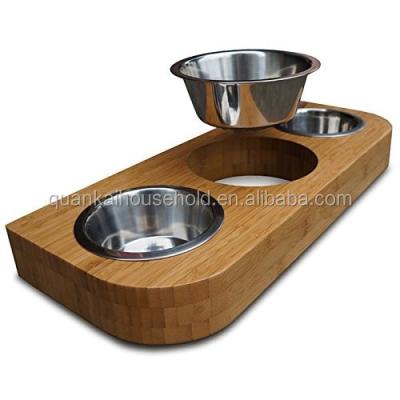 China Sustainable Natural Bamboo Wooden Pet Dining Table With 3 Stainless Steel Bowls for sale