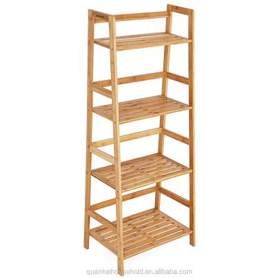 China Multifunctional Eco-friendly Natural Bamboo Bookshelf 4 Bookshelf Shelf Ladder Storage Rack Display Stand for sale