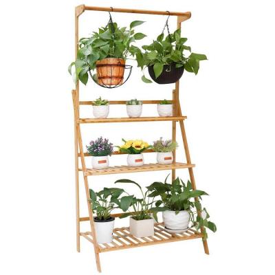 China Bamboo Hanging Foldable Ladder Rack 3 Tier Plant Shelf Stand Display Rack For Garden Flower Baskets for sale